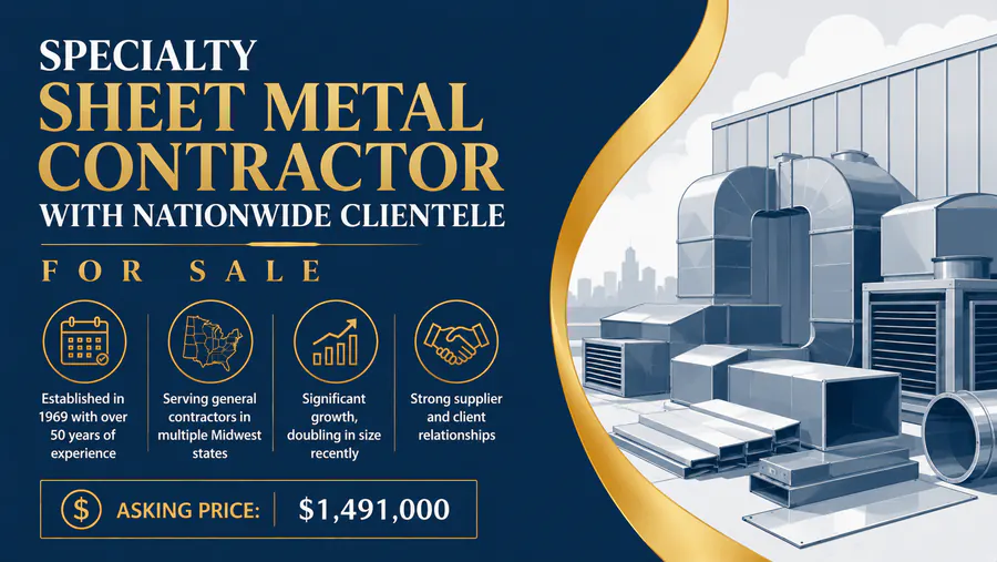 Specialty sheet metal contractor business for sale with extensive equipment and nationwide clientele.