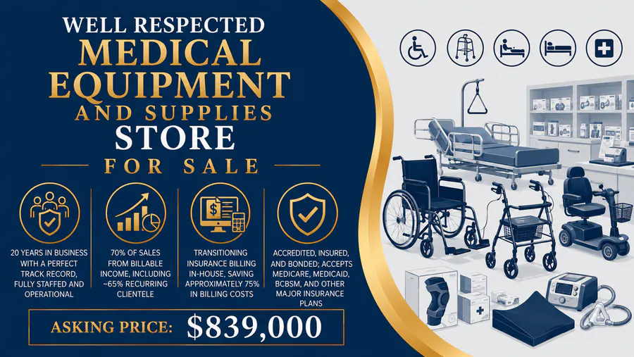 Medical equipment and supplies displayed in a well-established store available for sale in Michigan with a strong business history.