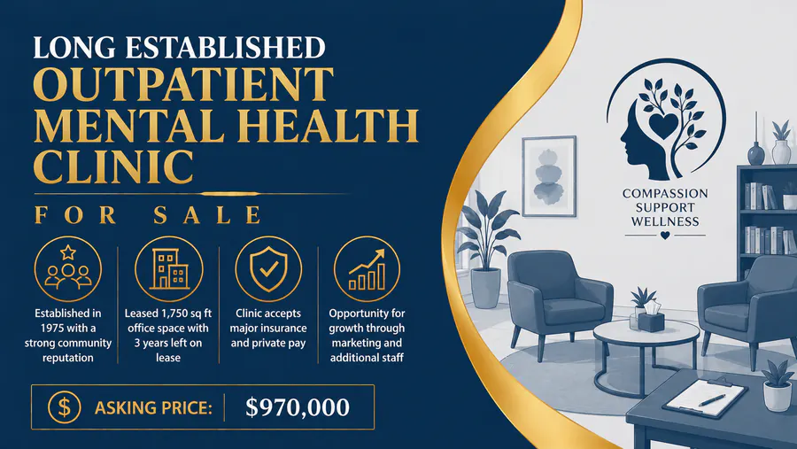Modern waiting area of an outpatient mental health clinic with comfortable seating and calming decor for patient support.