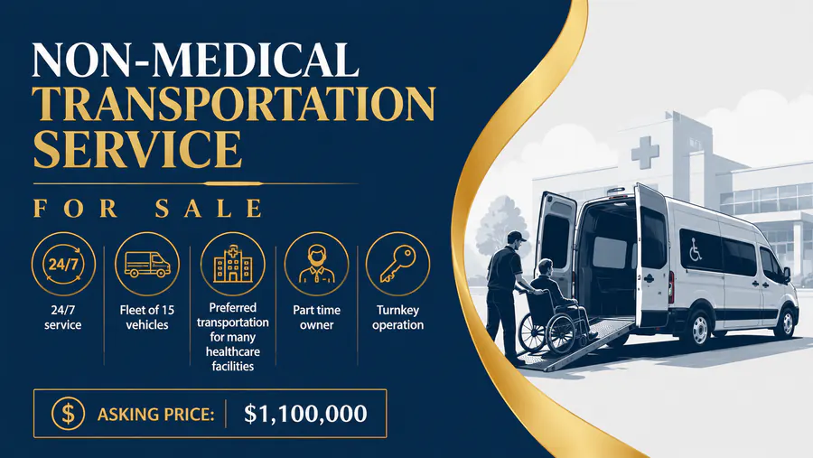 Non-medical transportation service for healthcare facilities with a fleet of 15 vehicles and 24/7 availability for sale in Michigan