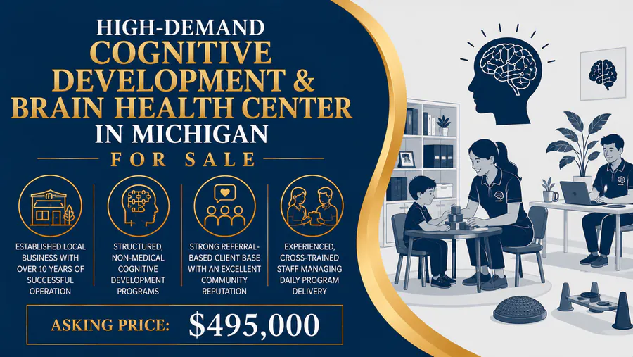 Cognitive development and brain health center in Michigan offering structured, non-medical therapy with experienced staff for sale.