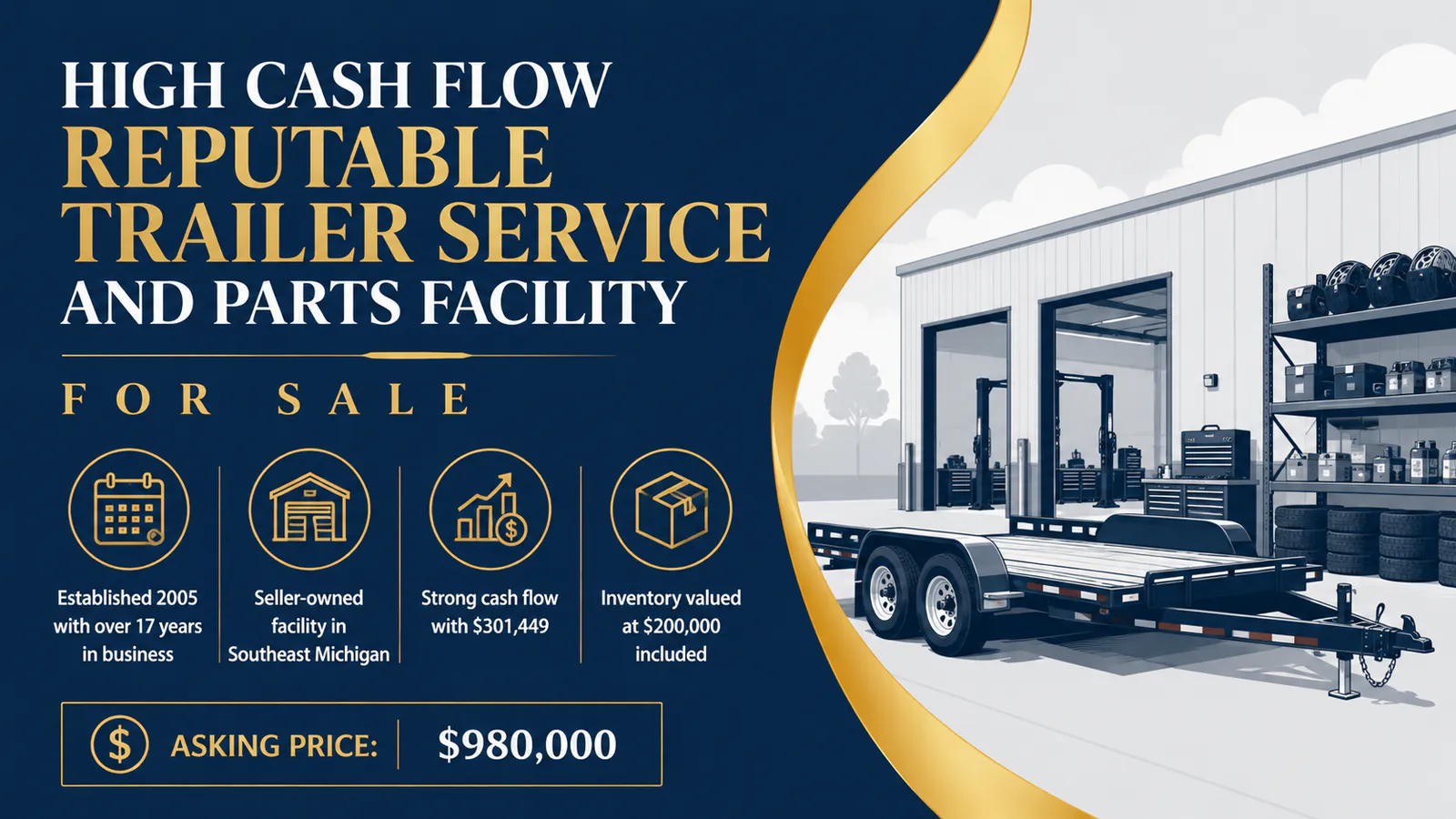 Reputable trailer service and parts facility with high cash flow and established automotive services for sale.