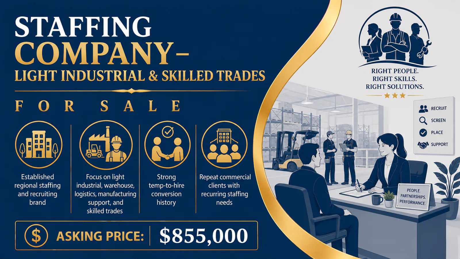 Modern staffing company office with professionals discussing light industrial and skilled trades recruitment solutions.