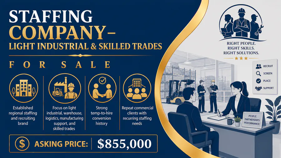 Modern staffing company office with professionals discussing light industrial and skilled trades recruitment solutions.