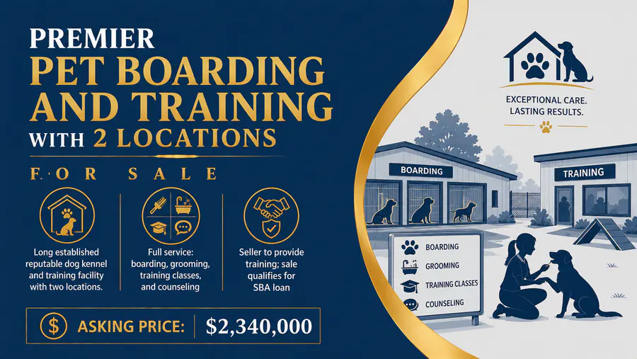 Veterinary pet boarding and training facility with grooming, training classes, and counseling services for sale in Michigan.