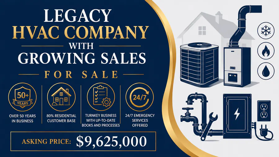 Legacy HVAC company for sale in Michigan with over 50 years in business and 24/7 plumbing, electrical, and HVAC services.