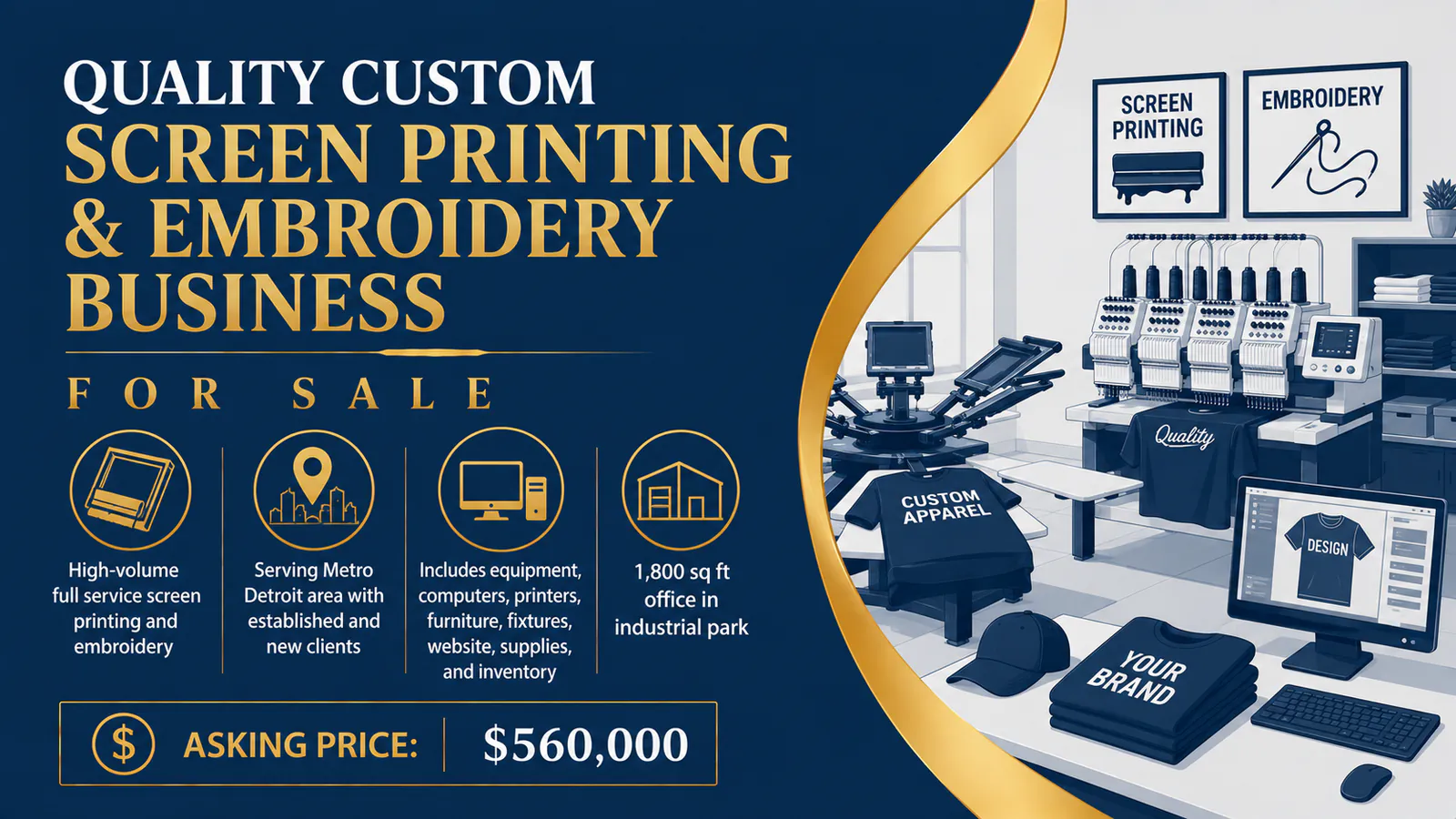 Custom screen printing and embroidery business for sale in Michigan with full equipment and 1,800 sq ft office space in an industrial park.