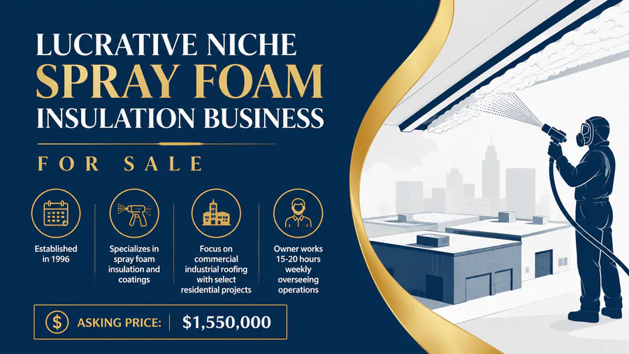 Specialty trades spray foam insulation business for sale with commercial roofing focus and owner oversight.