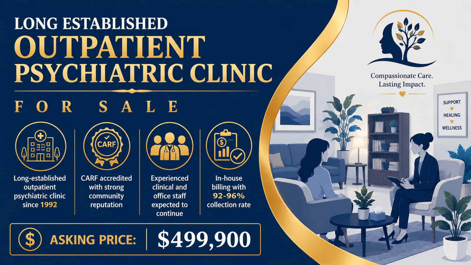 Modern outpatient psychiatric clinic waiting area with comfortable seating and calming decor for mental health services.