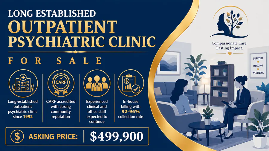 Modern outpatient psychiatric clinic waiting area with comfortable seating and calming decor for mental health services.