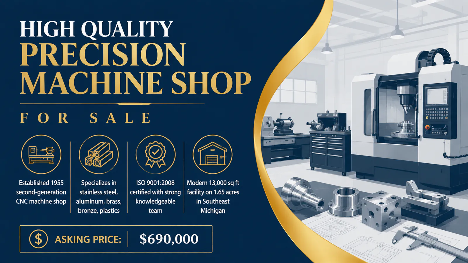 Modern precision machine shop with CNC equipment and metal parts ready for manufacturing operations.