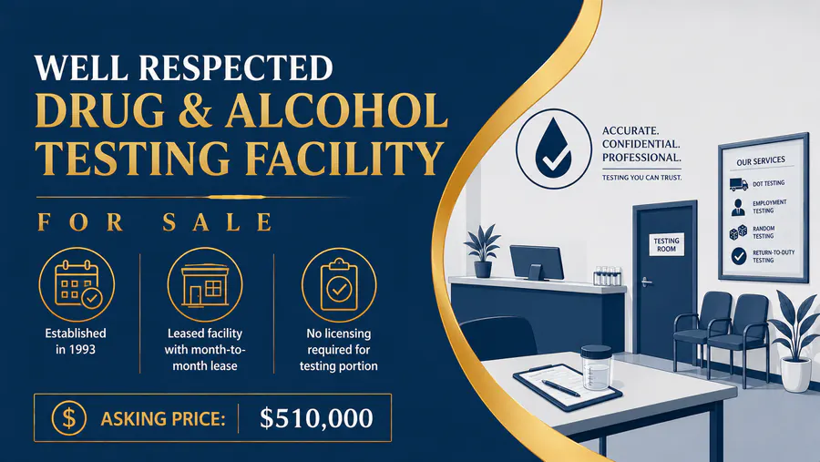 Modern reception area of a well-established drug and alcohol testing facility available for sale in Michigan