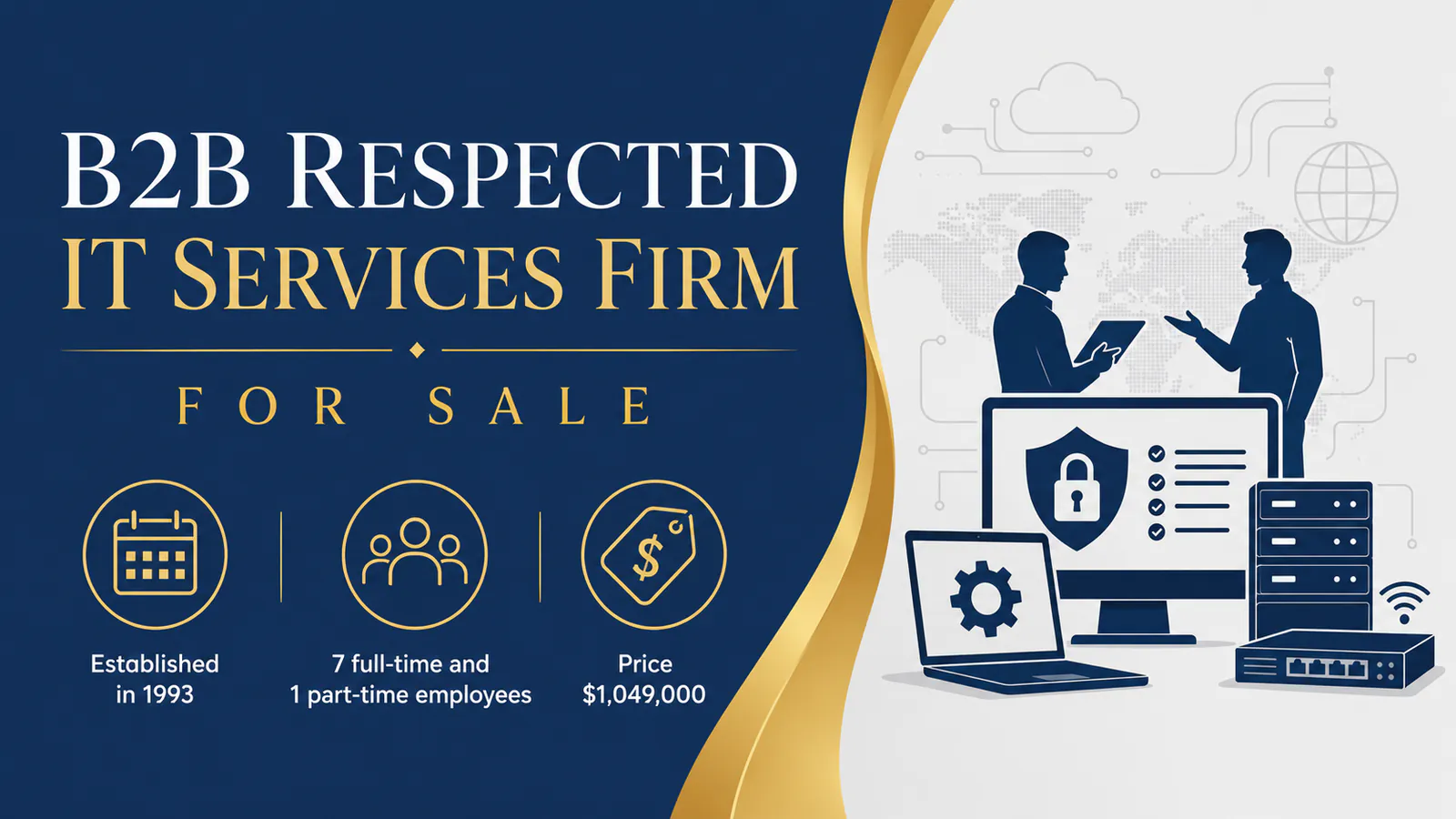 B2B IT services firm for sale with established history, full-time staff, and secure technology solutions shown in business graphic.