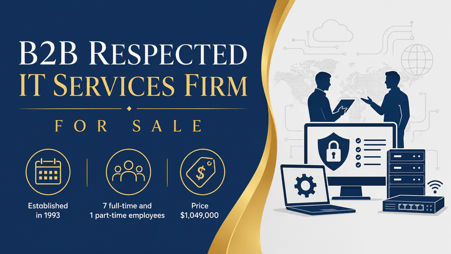 B2B IT services firm for sale with established history, full-time staff, and secure technology solutions shown in business graphic.