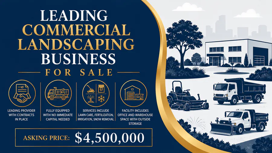 Commercial landscaping business for sale in Michigan featuring equipment, trucks, and a facility with office and warehouse space.