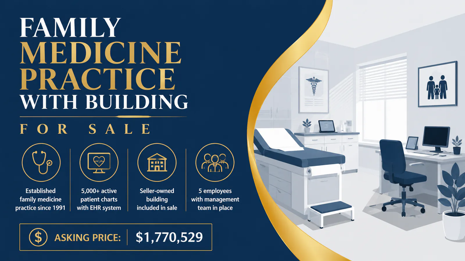 Modern medical exam room with patient bed, desk, and computer in a family medicine practice for sale.
