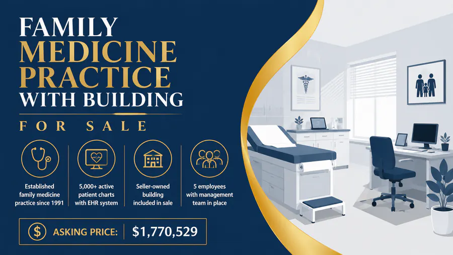 Modern medical exam room with patient bed, desk, and computer in a family medicine practice for sale.
