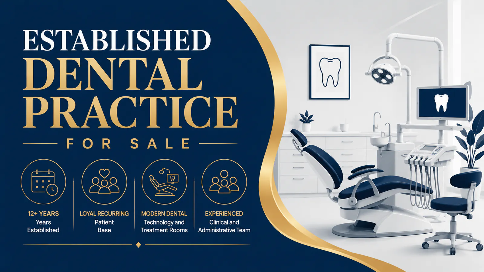 Modern dental practice with advanced equipment and a comfortable patient treatment room available for sale.