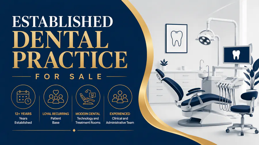 Modern dental practice with advanced equipment and a comfortable patient treatment room available for sale.