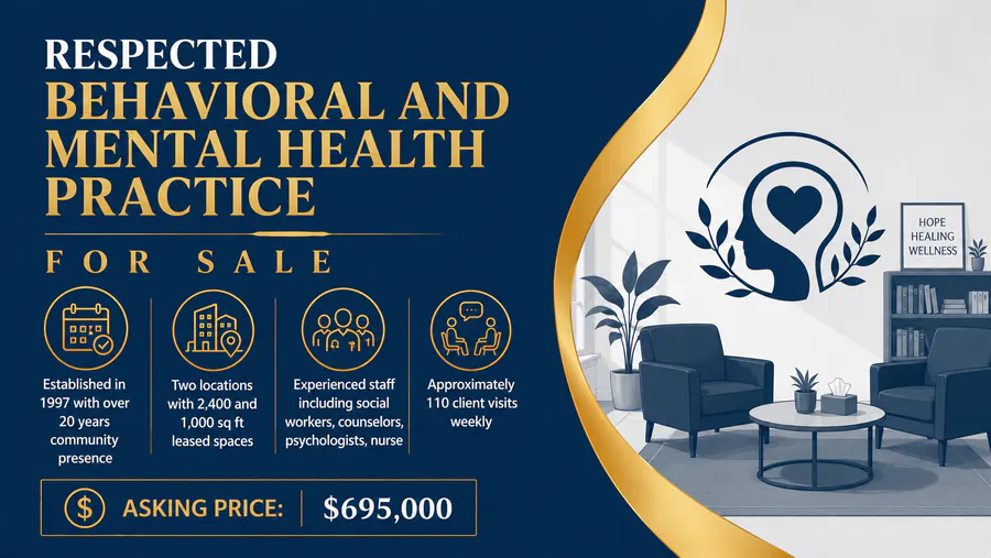 Modern waiting area of a respected behavioral and mental health practice available for sale in Michigan