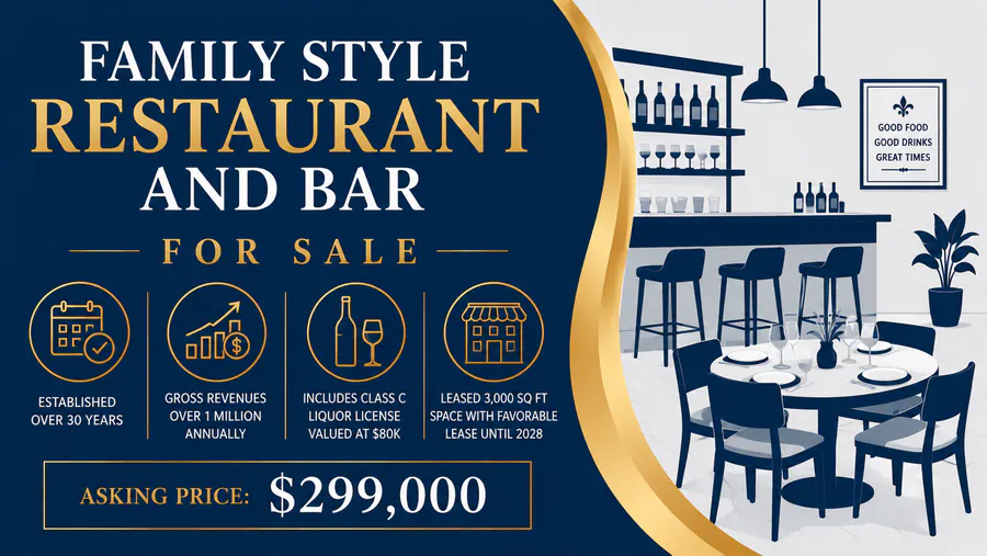 Modern family-style restaurant and bar interior with tables, chairs, and a well-stocked bar area for sale in Michigan