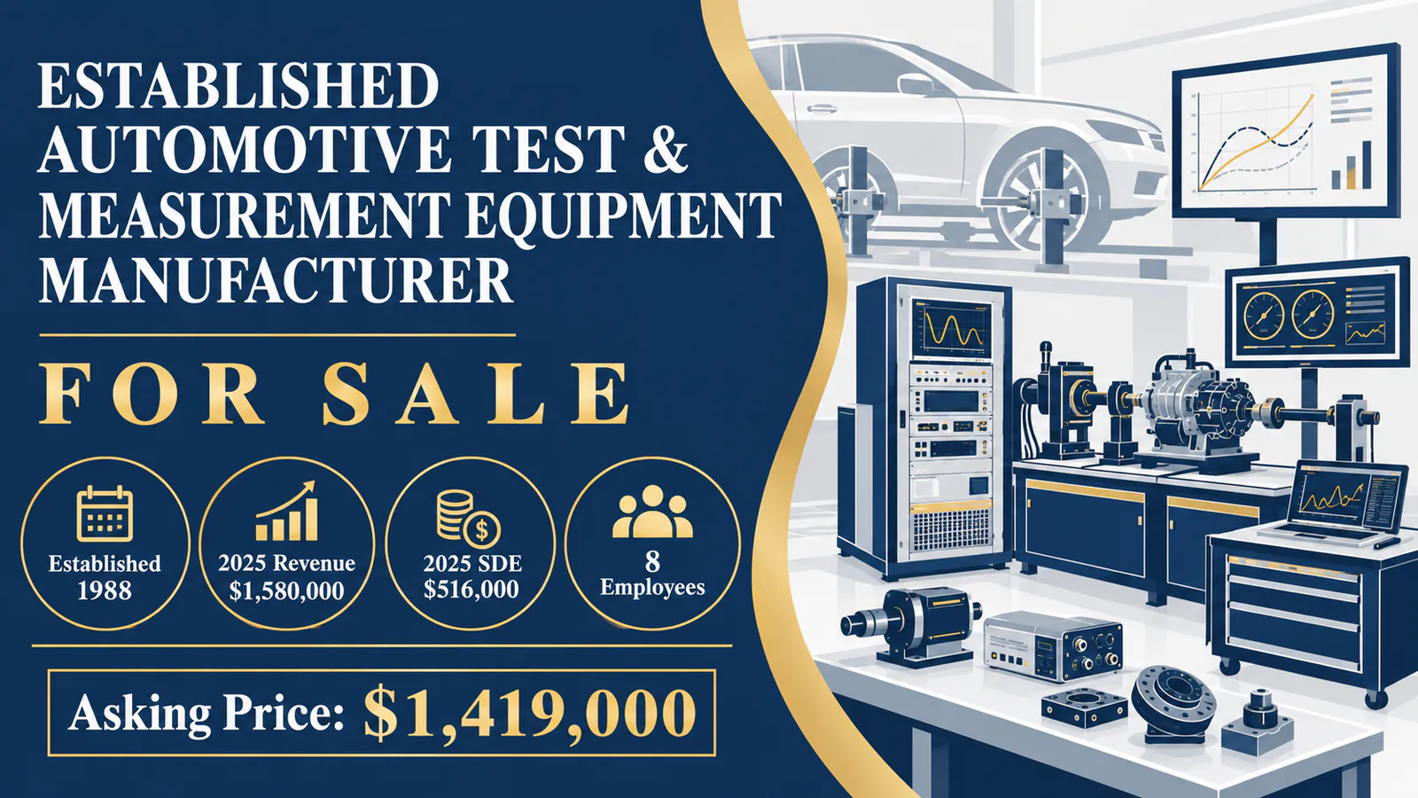 Automotive test and measurement equipment manufacturing setup with advanced machinery and computer analysis tools.