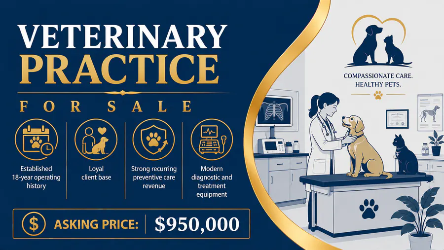 Veterinary practice for sale with 18 years of history, loyal clients, modern equipment, and strong preventive care revenue.