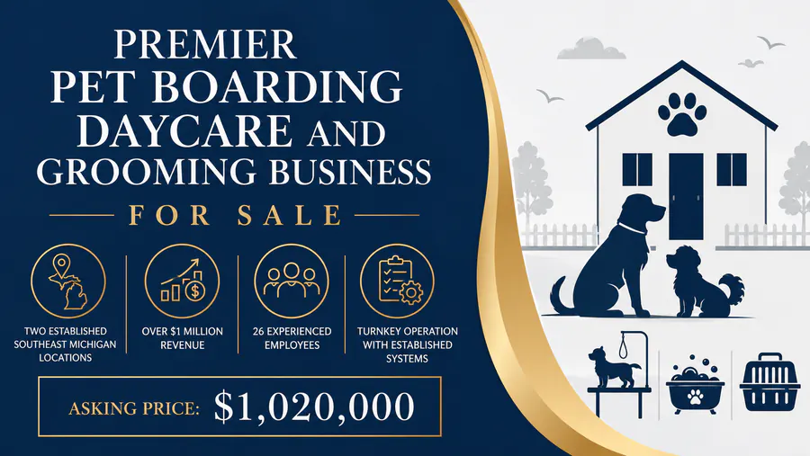 Premier pet boarding, daycare, and grooming business for sale with established locations in Michigan.