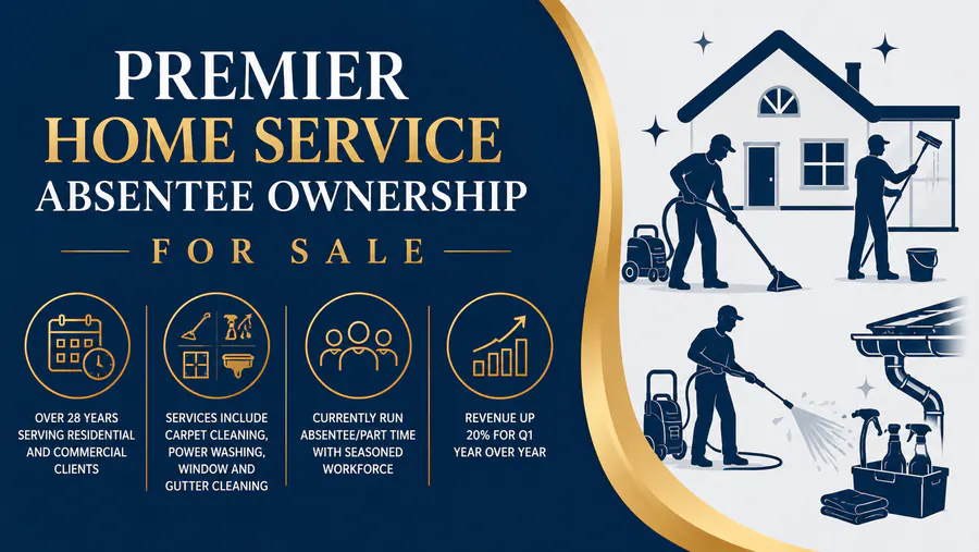 Marketing graphic highlighting a premier home cleaning and janitorial service business for sale in michigan