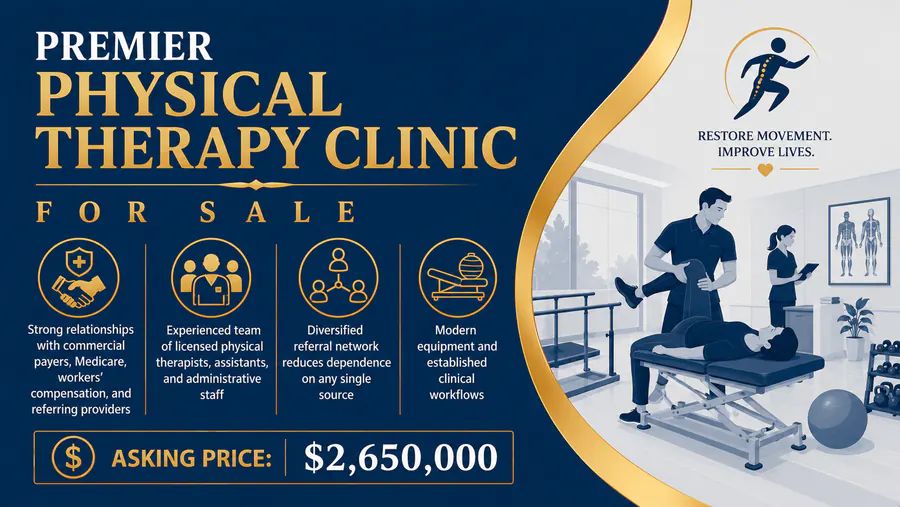 Premier physical therapy clinic for sale with modern equipment, experienced staff, and strong referral network.