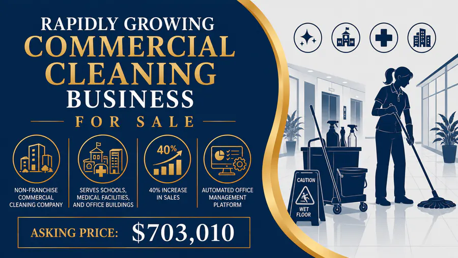 Commercial cleaning business for sale in Michigan with janitorial staff cleaning a modern office hallway.