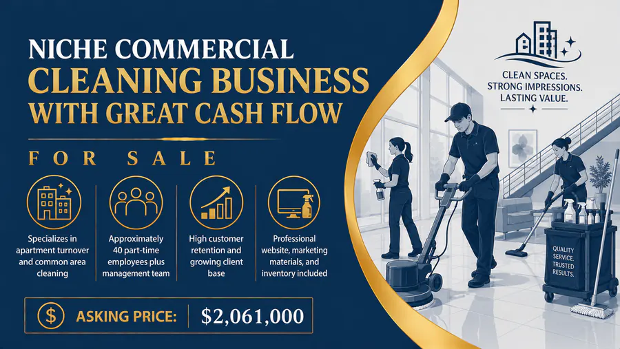 Commercial cleaning business for sale in Michigan with a professional janitorial team and strong cash flow in apartment and common area cleaning.