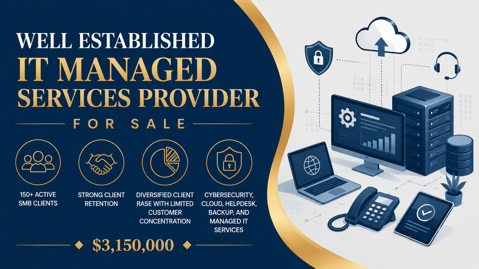 Well established IT managed services provider for sale with strong client base and cybersecurity offerings.