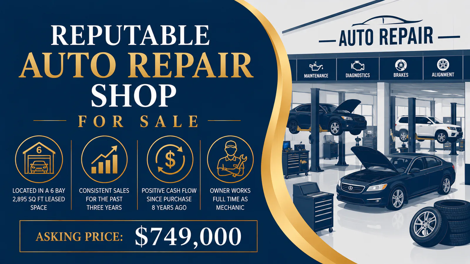 Auto repair shop with multiple service bays and vehicles being serviced, available for sale in Michigan.